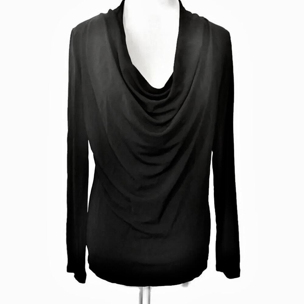 THEORY Black Draped Neck Cowl Stretch Knit Top Long Sleeve Goth Glam Vampirecore